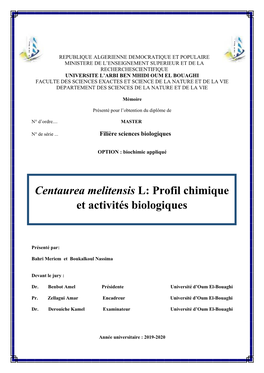 Centaurea Melitensis L: Profil Chimique Et Activités Biologiques