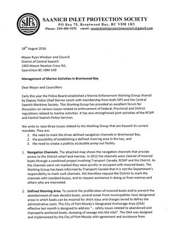 SAANICH INLET PROTECTION SOCIETY PO Box 75, Brentwood Bay, BC V8M 1R3 Phone : 250 -480-9292 Email : Saanichinletp Rotectionsocietvfd,Sn,Rai L