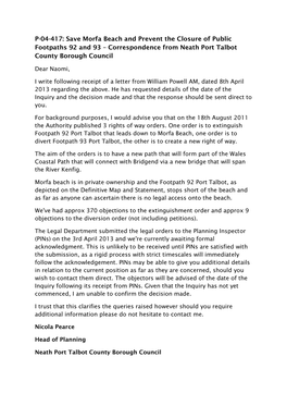 Correspondence from Neath Port Talbot County Borough Council