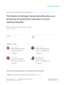 Social Identification As a Predictor of Treatment Outcome in Social Anxiety Disorder