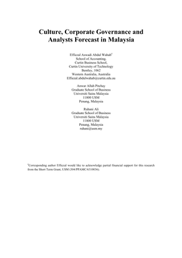 Culture, Corporate Governance and Analysts Forecast in Malaysia