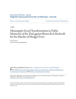 Mississippi's Social Transformation in Public Memories of the Trial Against Byron De La Beckwith for the Murder of Medgar Ever