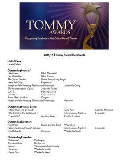 2011/12 Tommy Award Recipients