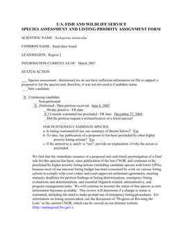 U.S. Fish and Wildlife Service Species Assessment and Listing Priority Assignment Form