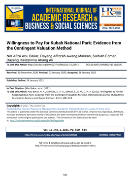 Willingness to Pay for Kubah National Park: Evidence from the Contingent Valuation Method