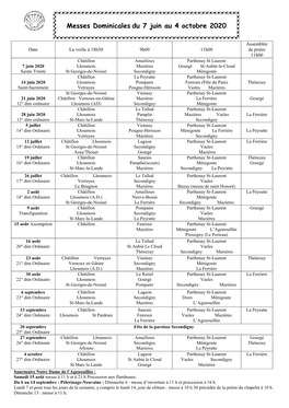 Messes Dominicales Du 7 Juin Au 4 Octobre 2020