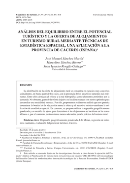 Análisis Del Equilibrio Entre El Potencial Turístico Y La Oferta De Alojamientos En Turismo Rural Mediante Técnicas De Estadística Espacial