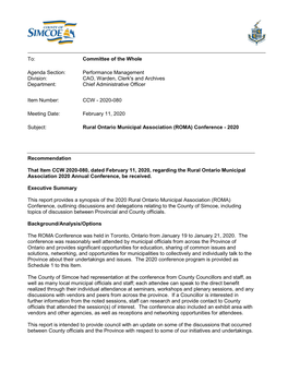 CCW 2020-080, Dated February 11, 2020, Regarding the Rural Ontario Municipal Association 2020 Annual Conference, Be Received