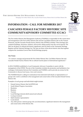 Information - Call for Members 2017 Cascades Female Factory Historic Site Communityadvisory Committee (Ccac) ______