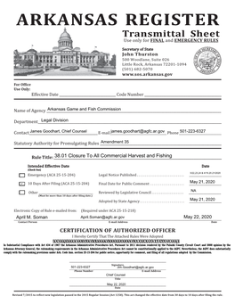 ARKANSAS REGISTER Transmittal Sheet Use Only for FINAL and EMERGENCY RULES