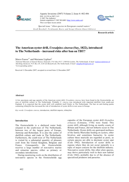 The American Oyster Drill, Urosalpinx Cinerea (Say, 1822), Introduced to the Netherlands – Increased Risks After Ban on TBT?