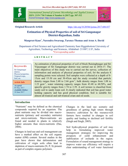 Estimation of Physical Properties of Soil of Sri Ganganagar District-Rajasthan, India