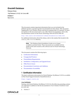 Oracle® Database 1 Certification Information