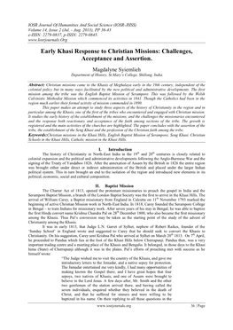 Early Khasi Response to Christian Missions: Challenges, Acceptance and Assertion