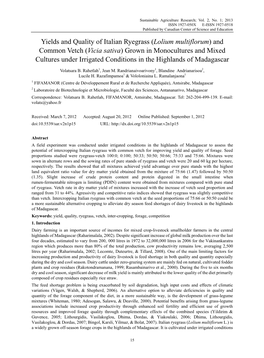 And Common Vetch (Vicia Sativa) Grown in Monocultures and Mixed Cultures Under Irrigated Conditions in the Highlands of Madagascar