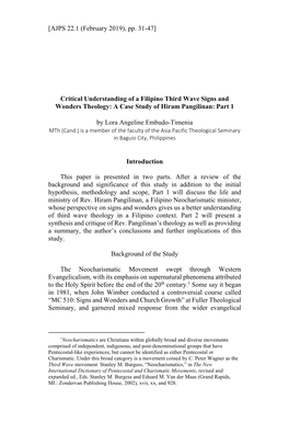 Critical Understanding of a Filipino Third Wave Signs and Wonders Theology: a Case Study of Hiram Pangilinan: Part 1