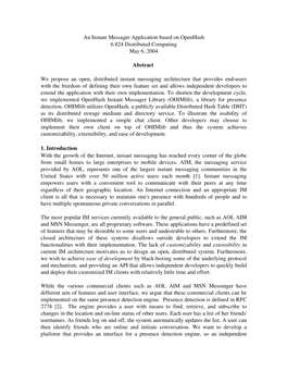 An Instant Messager Application Based on Openhash 6.824 Distributed Computing May 6, 2004