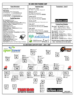 BC LIONS 2009 TRAINING CAMP Camp Information Important Dates Transactions – June 6 Practice Site : W.J