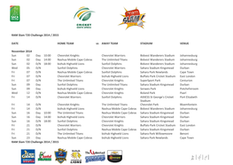 RAM Slam T20 Challenge 2014 / 2015 DATE HOME TEAM Vs AWAY TEAM STADIUM VENUE November 2014 Sun 02 Day 10:00 Chevrolet Knights