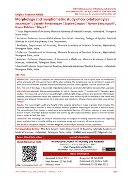 Morphology and Morphometric Study of Occipital Condyles Asra Anjum *1, Gayathri Pandurangam 2, Supriya Garapati 3, Naveen Bandarupalli 4, Hajera Rabbani 5, Divya P 6