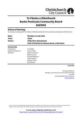 Agenda of Te Pātaka O Rākaihautū Banks Peninsula Community Board