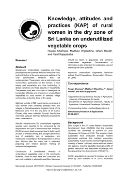 Knowledge, Attitudes and Practices (KAP) of Rural Women in the Dry Zone of Sri Lanka on Underutilized Vegetable Crops