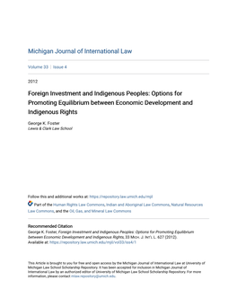 Foreign Investment and Indigenous Peoples: Options for Promoting Equilibrium Between Economic Development and Indigenous Rights