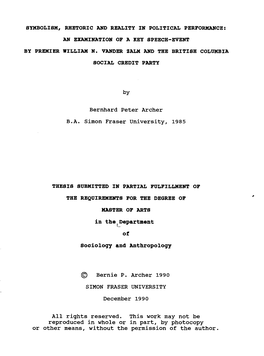 An Examination of a Key Speech-Event by Premier William N. Vander Zalm and the British Columbia Social Credit Party