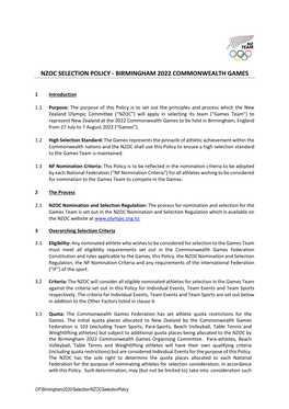 Nzoc Selection Policy - Birmingham 2022 Commonwealth Games