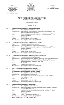 New York State Legislature Public Hearing Calendar