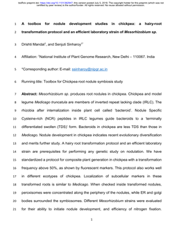 A Toolbox for Nodule Development Studies in Chickpea: a Hairy-Root Transformation Protocol and an Efficient Laboratory Strain Of