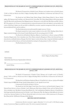 PROCEEDINGS of the BOARD of COUNTY COMMISSIONERS of SANDERS COUNTY, MONTANA January 5, 2021