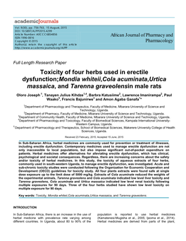 Toxicity of Four Herbs Used in Erectile Dysfunction;Mondia Whiteii,Cola Acuminata,Urtica Massaica, and Tarenna Graveolensin Male Rats