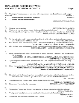 2017 MASSACHUSETTS CERTAMEN ADVANCED DIVISION - ROUND I Page 1