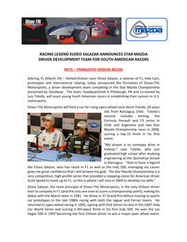 Racing Legend Eliseo Salazar Announces Star Mazda Driver Development Team for South American Racers