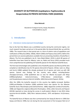 DIVERSITY of BUTTERFLIES (Lepidoptera: Papilionoidea & Hesperioidea) in PRESPA NATIONAL PARK (ALBANIA) 1. Introduction