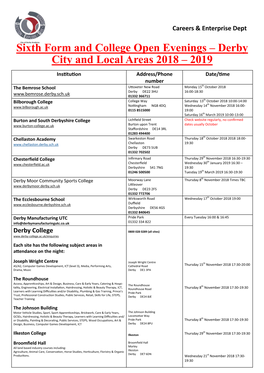 Sixth Form and College Open Evenings – Derby City and Local Areas 2018 – 2019