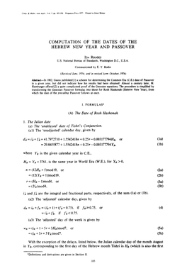 Computation of the Dates of the Hebrew New Year and Passover