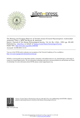 The Nesting and Foraging Behavior of Perdita Texana (Cresson) (Hymenoptera: Andrenidae) Author(S): John L