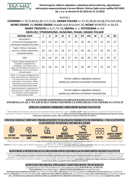 Harmonogram Odbioru Odpadów Z Zabudowy Jednorodzinnej, Zagrodowej I Rekreacyjno-Wypoczynkowej Z Terenu Miasta I Gminy Gąbin Przez Spółkę EKO-MAZ Sp