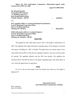 Before the State Information Commission, Maharashtra-Appeal Under Section 19(3) of RTI Act, 2005