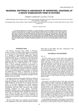 Seasonal Patterns in Abundance of Waterfowl (Anatidae) at a Waste Stabilization Pond in Victoria