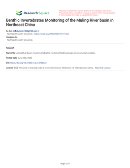 Benthic Invertebrates Monitoring of the Muling River Basin in Northeast China