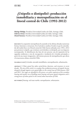 ¿Utópolis O Distópolis?: Producción Inmobiliaria Y Metropolización En El Litoral Central De Chile (1992-2012)
