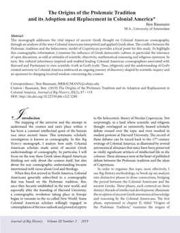 The Origins of the Ptolemaic Tradition and Its Adoption and Replacement in Colonial America* Ben Baumann M.A., University of Amsterdam