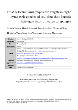 Host Selection and Ovipositor Length in Eight Sympatric Species of Sculpins That Deposit Their Eggs Into Tunicates Or Sponges