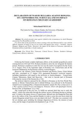 Declaration of War by Bulgaria Against Romania on 1 September 1916. Turtucaia and Its Impact on Romanian Military Leadership