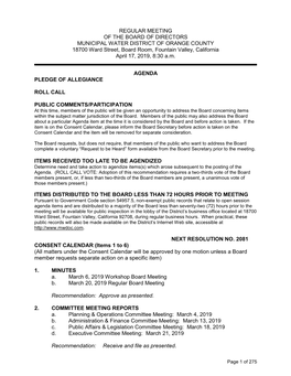 REGULAR MEETING of the BOARD of DIRECTORS MUNICIPAL WATER DISTRICT of ORANGE COUNTY 18700 Ward Street, Board Room, Fountain Vall