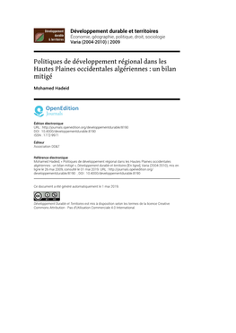 Développement Durable Et Territoires , Varia (2004-2010) Politiques De Développement Régional Dans Les Hautes Plaines Occidentales Alg