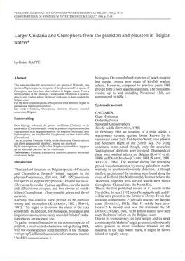 Larger Cnidaria and Ctenophora from the Plankton and Pleuston in Belgian Waters*